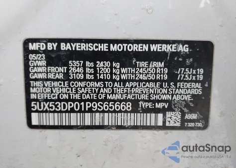 2023 BMW X3 xDrive30I z USA, uszkodzony, nr VIN 5UX53DP01P9S65668